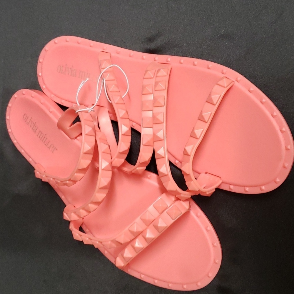 Olivia Miller Studded 4-Strap Rubber Slide Sandals, Bright Carnation Pink